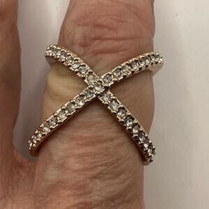 Criss Cross X Ring  Rose Gold Faux Diamonds Boho Contemporary CZ Size 7.5
